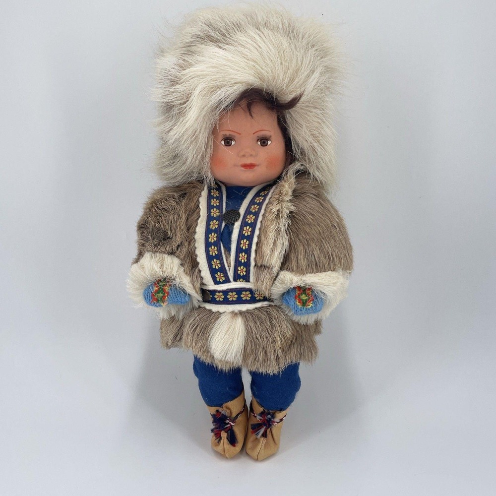 Vintage Inuit Eskimo Doll Faux Fur Parka Moccasins Blue Embroidered Trim 12 Inch